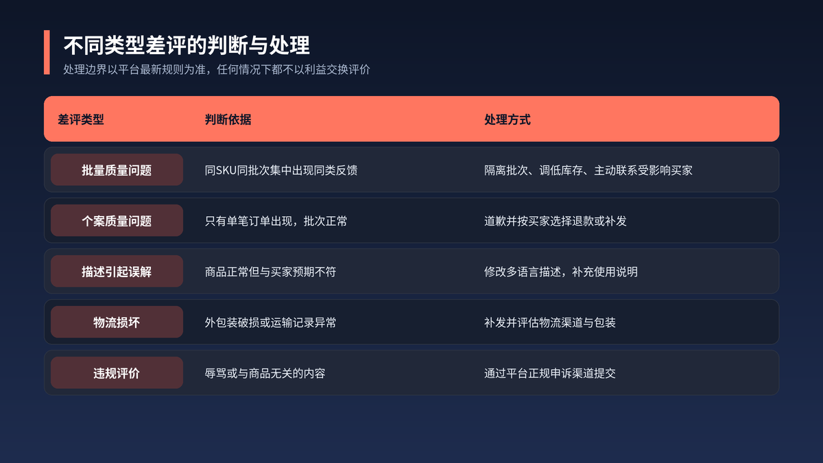 批量质量问题、个案问题、描述误解等不同差评类型的判断依据与处理方式对照表