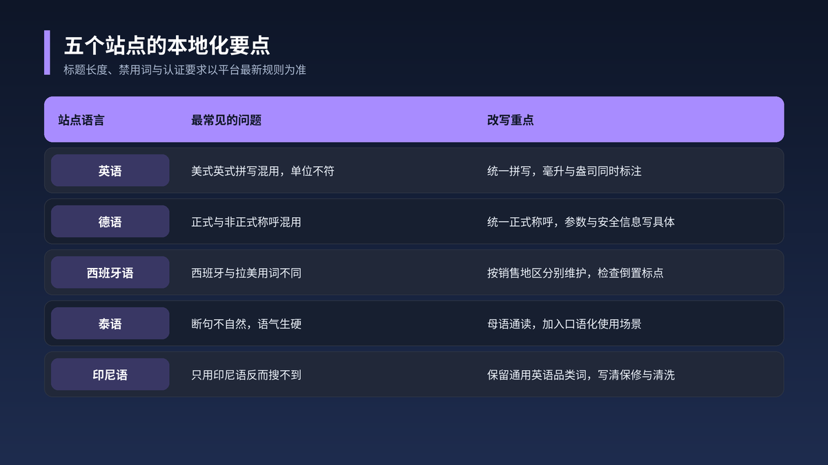 英语、德语、西班牙语、泰语和印尼语站点的本地化要点对照表