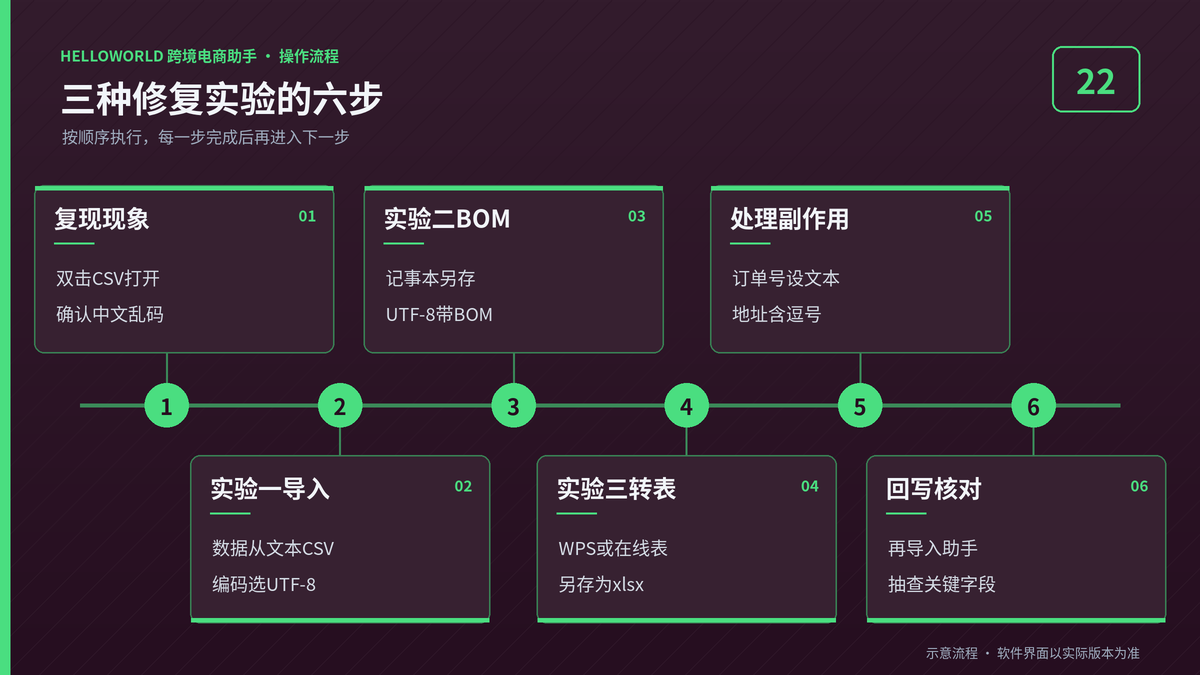 HelloWorld跨境电商助手CSV乱码三种修复实验六步示意图