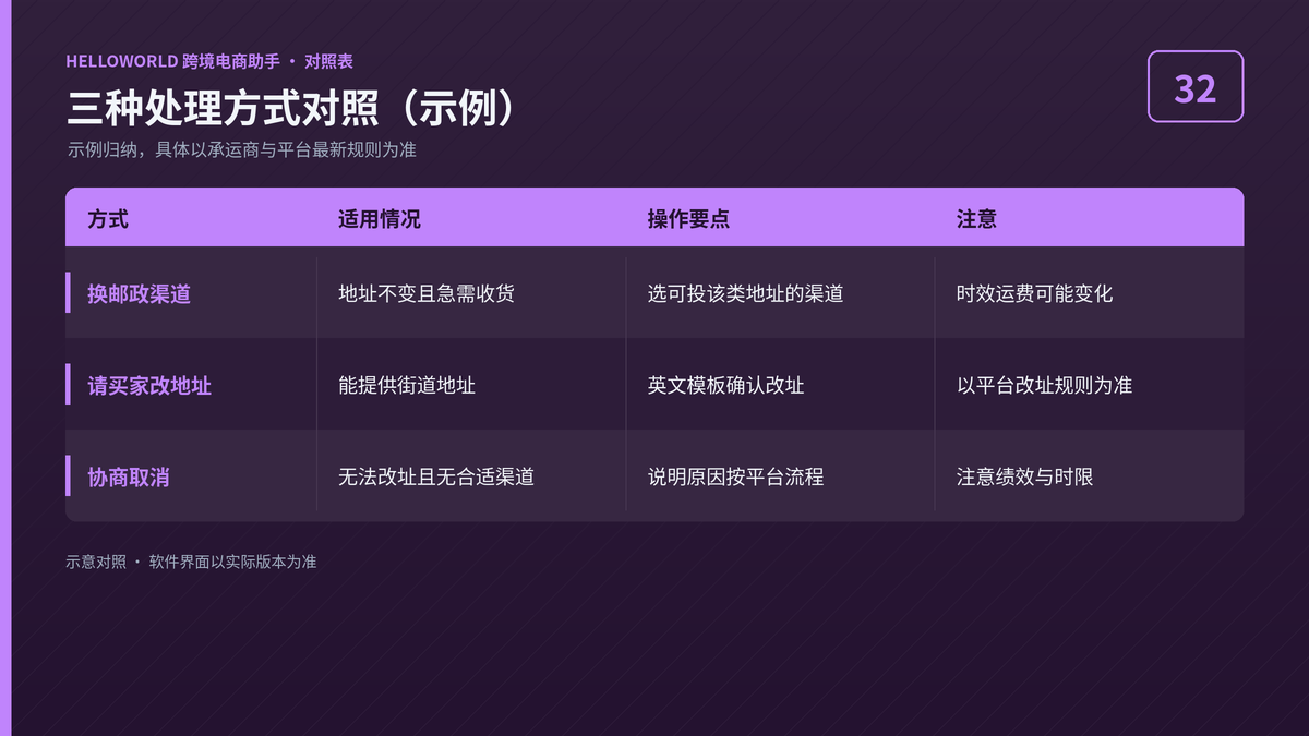 HelloWorld跨境电商助手PO Box三种处理方式对照示例图