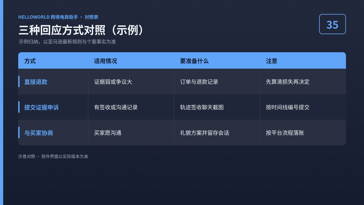 HelloWorld跨境电商助手A-to-z三种回应方式对照示例图