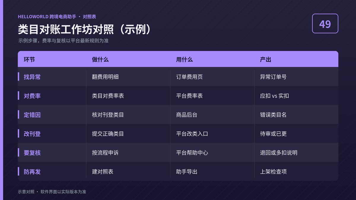 HelloWorld跨境电商助手类目对账工作坊对照示例图
