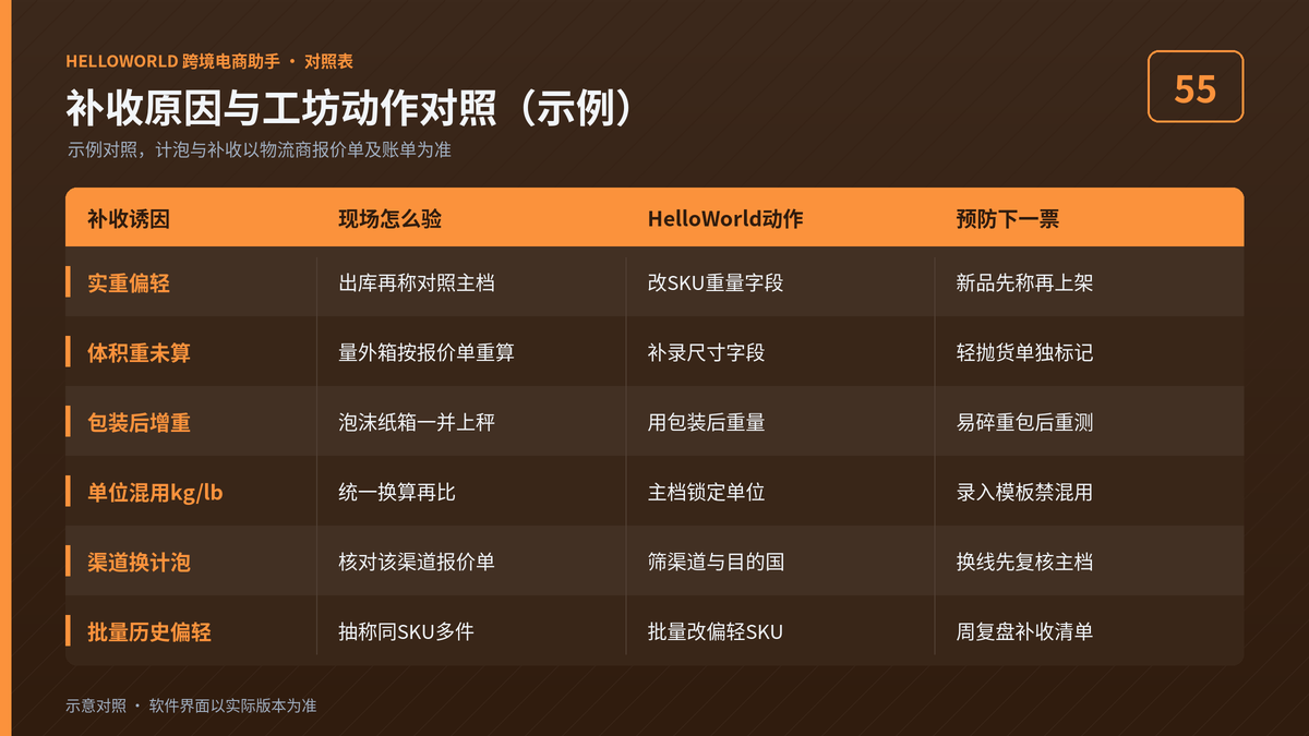 HelloWorld跨境电商助手补收原因与称重工坊动作对照图
