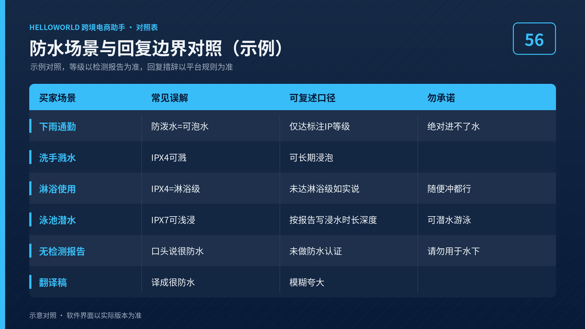 HelloWorld跨境电商助手防水场景与回复边界对照图