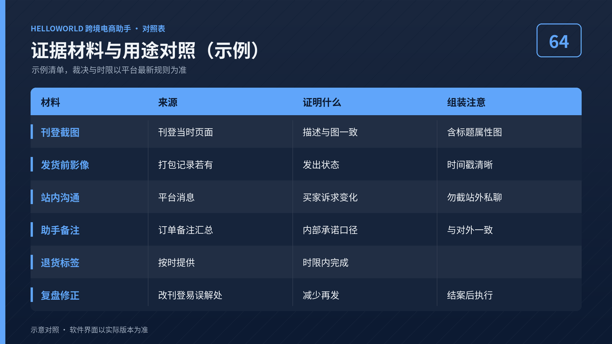 HelloWorld跨境电商助手证据材料与用途对照图