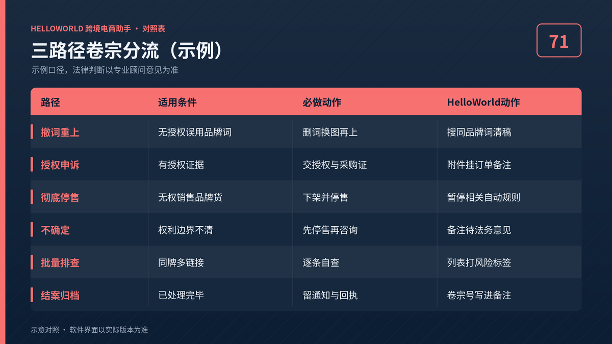 HelloWorld跨境电商助手三路径卷宗分流对照图