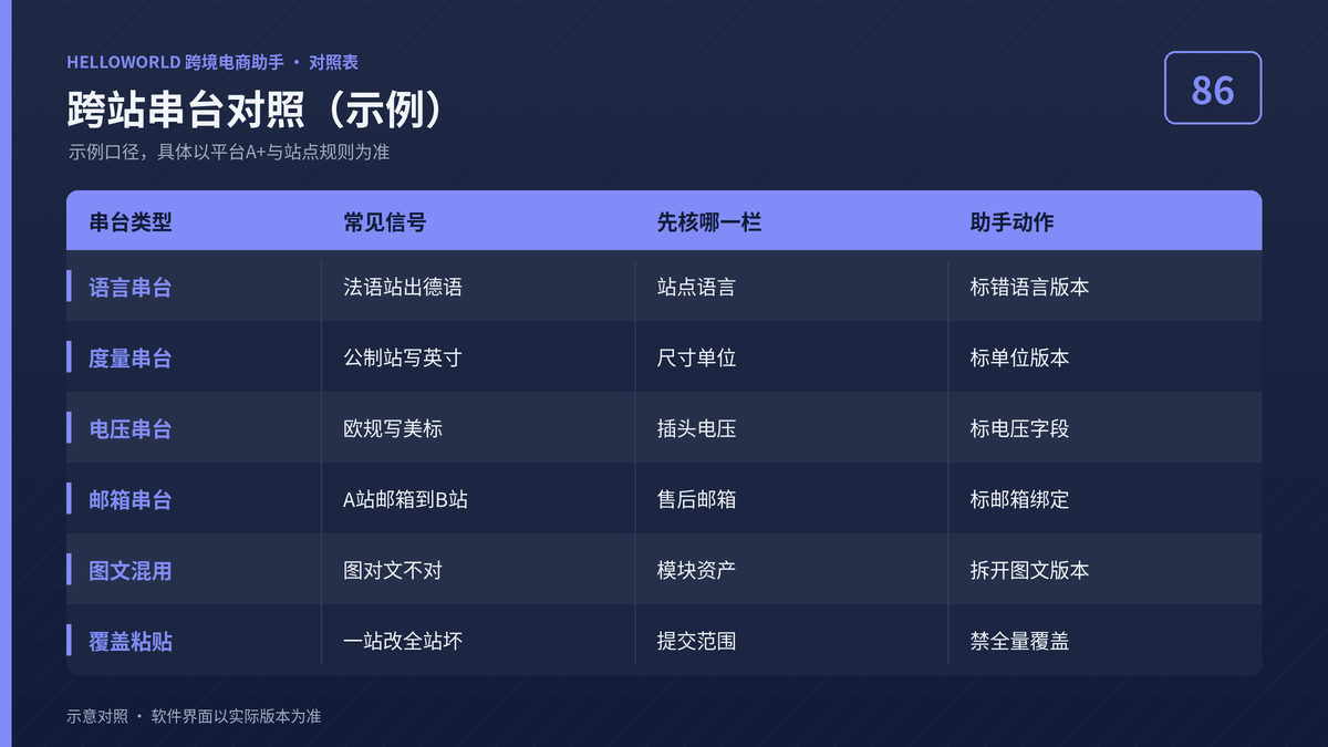 HelloWorld跨境电商助手跨站串台对照图