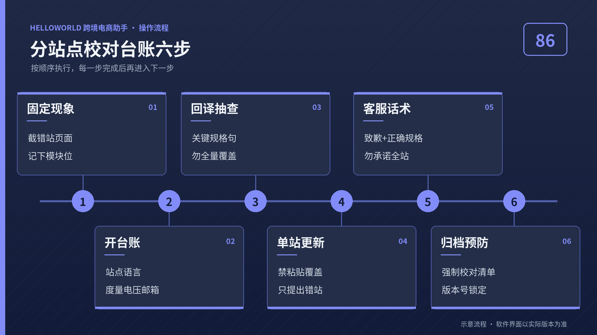 HelloWorld跨境电商助手分站点校对台账六步图