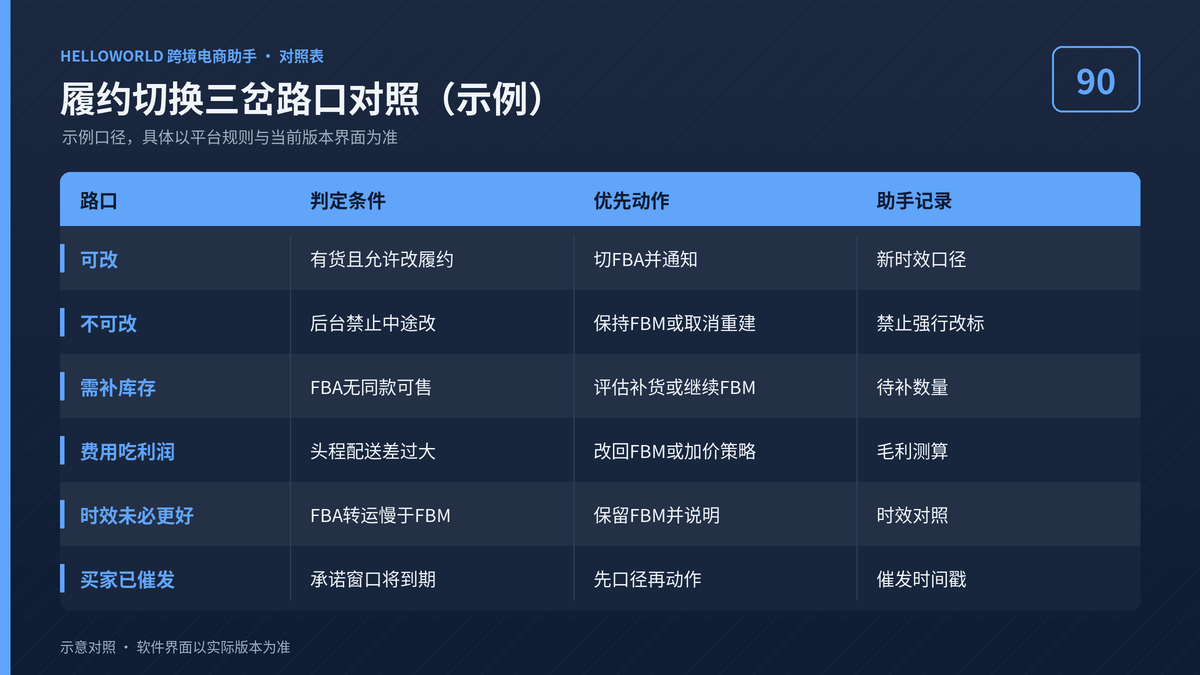 HelloWorld跨境电商助手FBM改FBA履约切换三岔路口对照示意