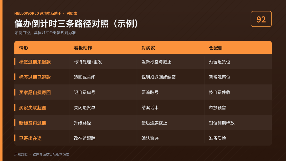 HelloWorld跨境电商助手催办倒计时三条路径对照示意