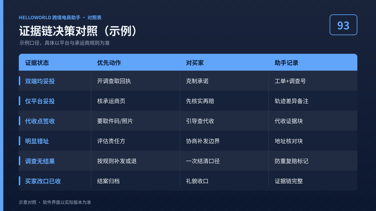 HelloWorld跨境电商助手妥投未收到证据链决策对照示意