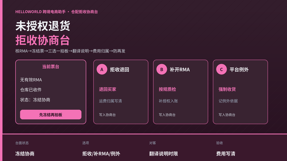 HelloWorld跨境电商助手仓配拒收协商台示意图
