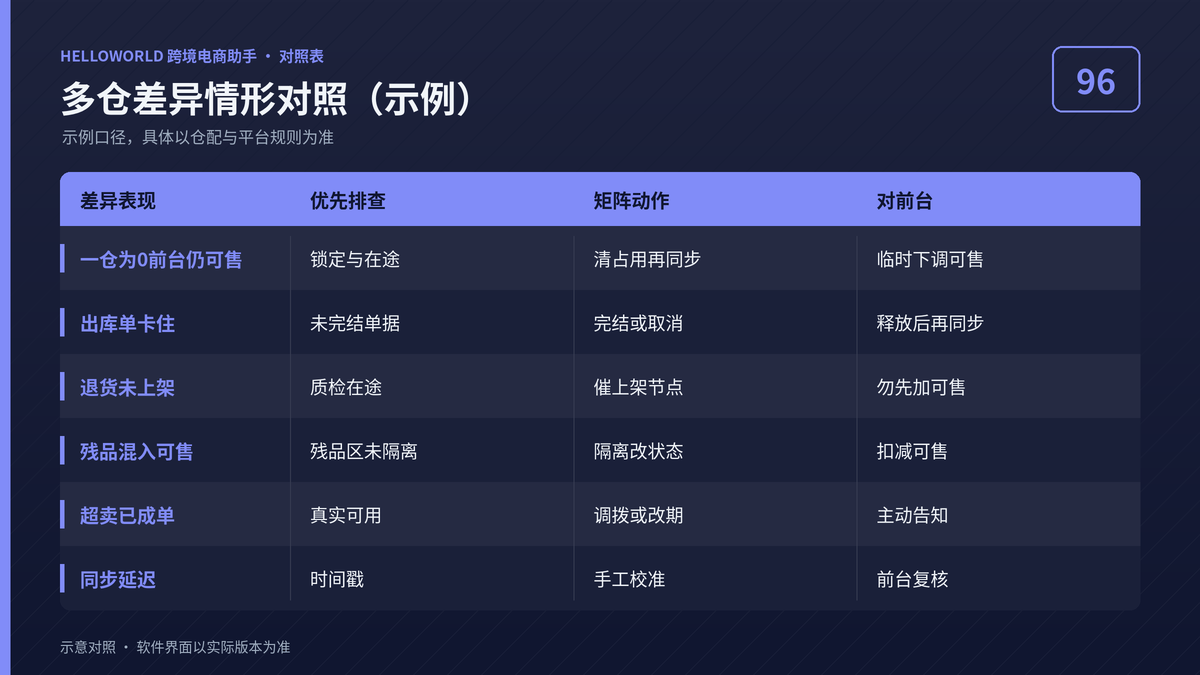 HelloWorld跨境电商助手多仓差异情形对照示意